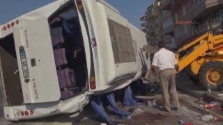 CCTV of fatal bus crash in Turkey: Tourist coach loses balance on a corner and topples onto its side