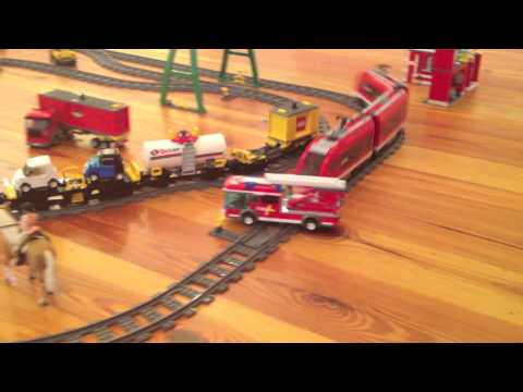 Lego City Fire Truck in Lego Train Crash - Toy Horse and Motorway
