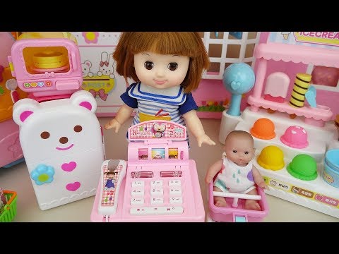 Baby doll mart register surprise eggs and food toys play