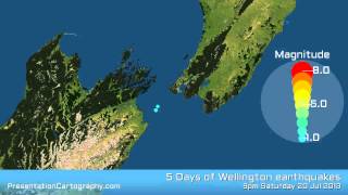 5 days of earthquake activity for Wellington up until 08:45 on Tuesday 23 of July 2013