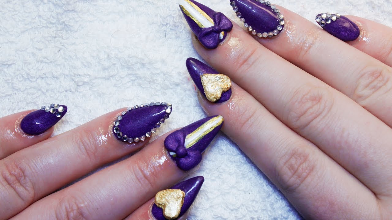 Sculpted Purple & Gold Almond Nails - YouTube