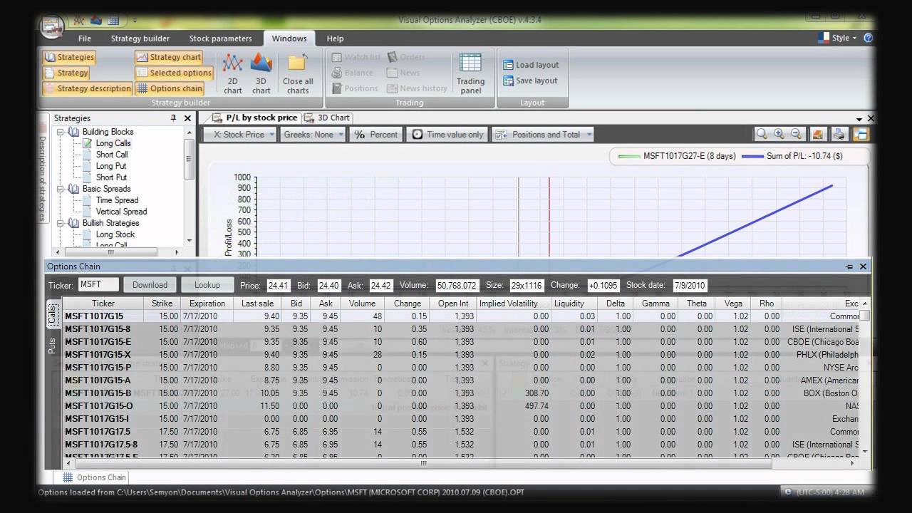 Visual options strategies analyzer