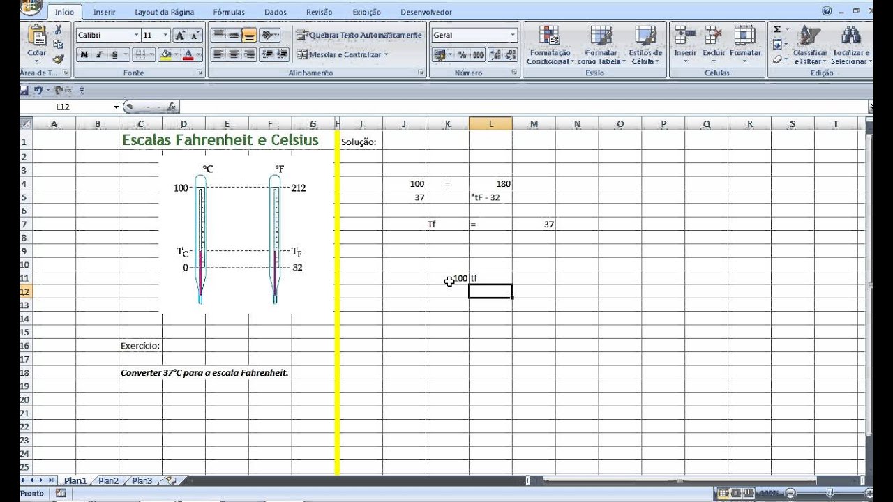 Curso de Física com Excel Escalas Fahrenheit e Celsius Conversão ...