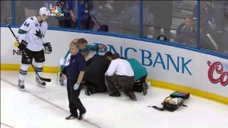 Dan Boyle taken off ice on stretcher after hit from Maxim Lapierre