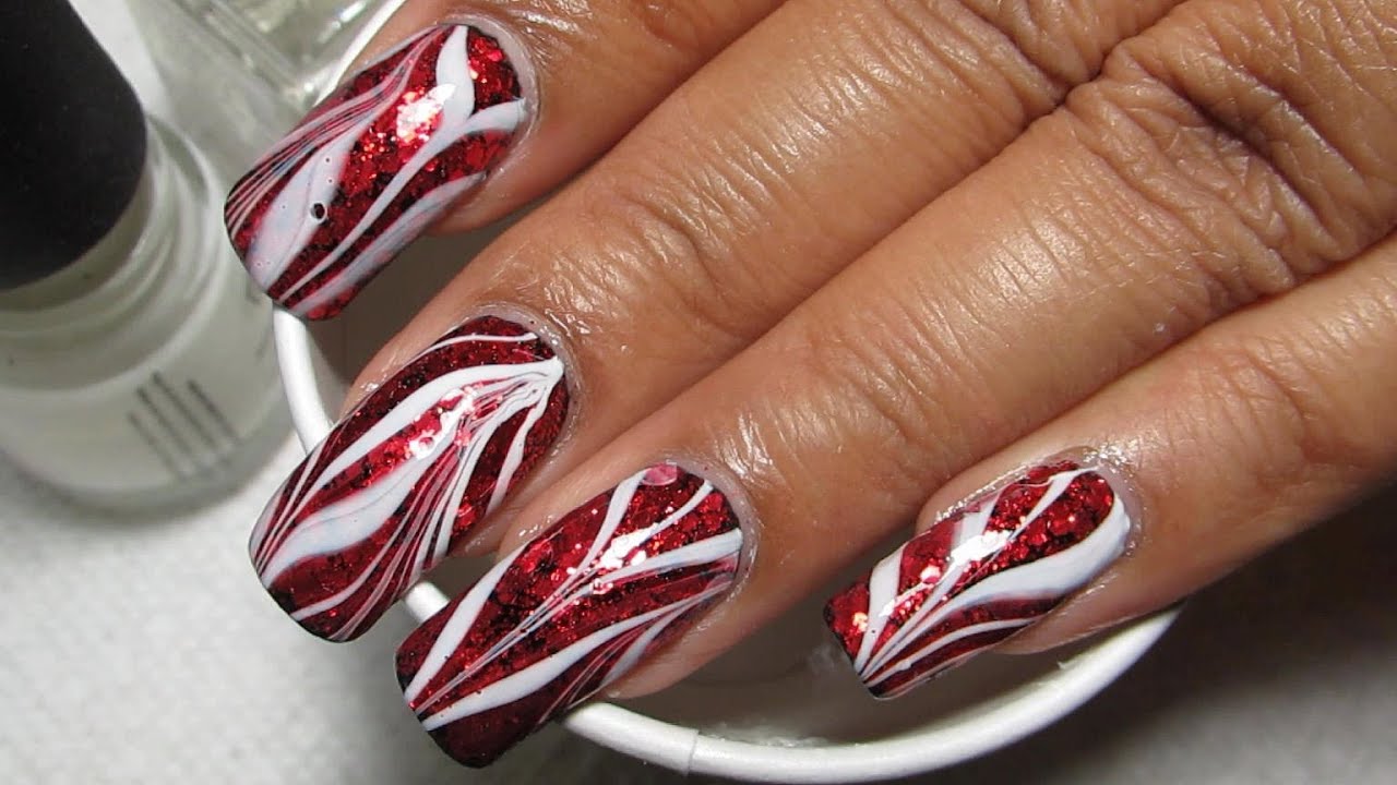 Red Glitter & White (Glam Bacon!) Water Marble Nail Art Tutorial - YouTube