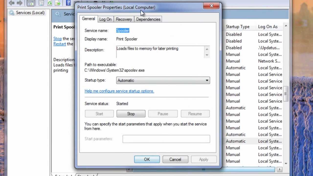 turn on print spooler windows 7