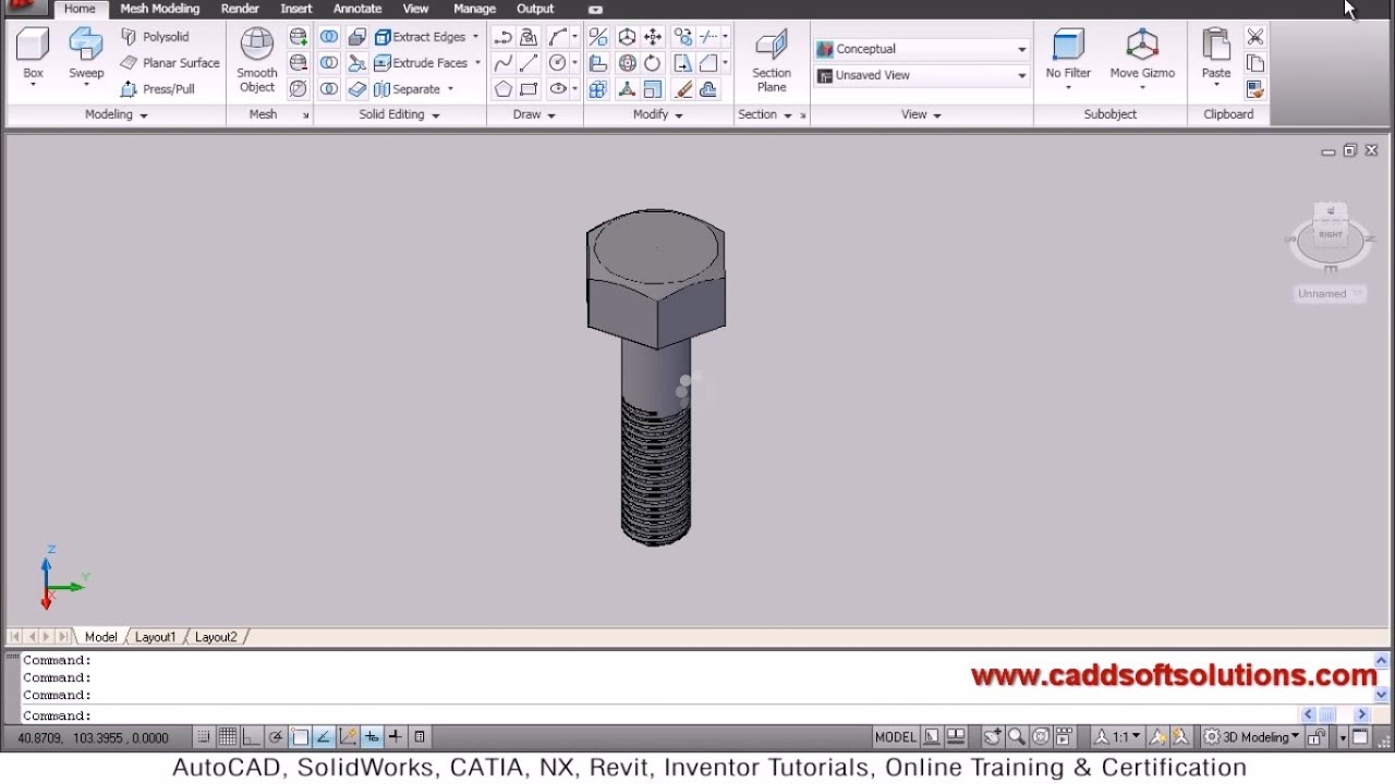 AutoCAD 3D Bolt with Threads Tutorial | Download 3D Bolt DWG Drawing