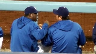 Hyun-jin Ryu and Juan Uribe Smacking Each Other Around at Dodger Stadium