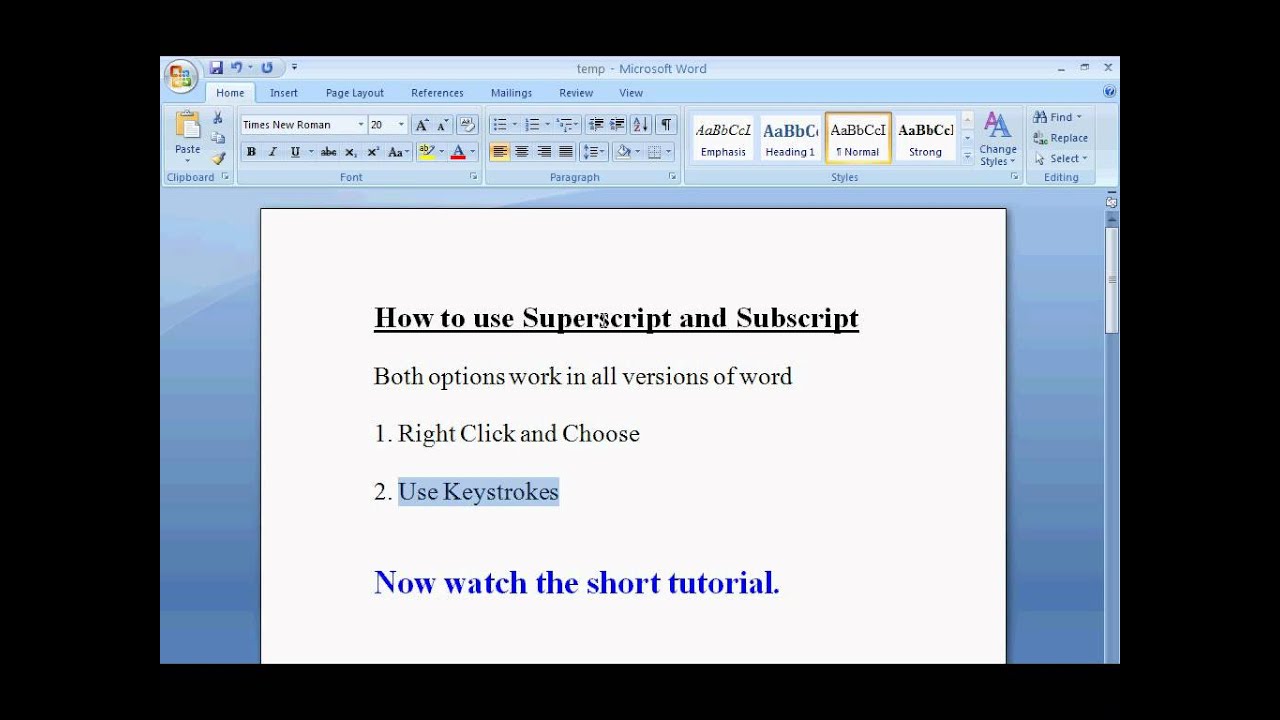 subscript and superscript in word