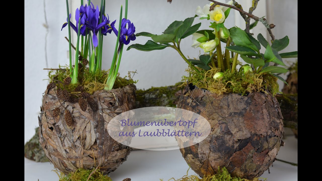Frühlingsdeko Übertopf aus Laubblätter für