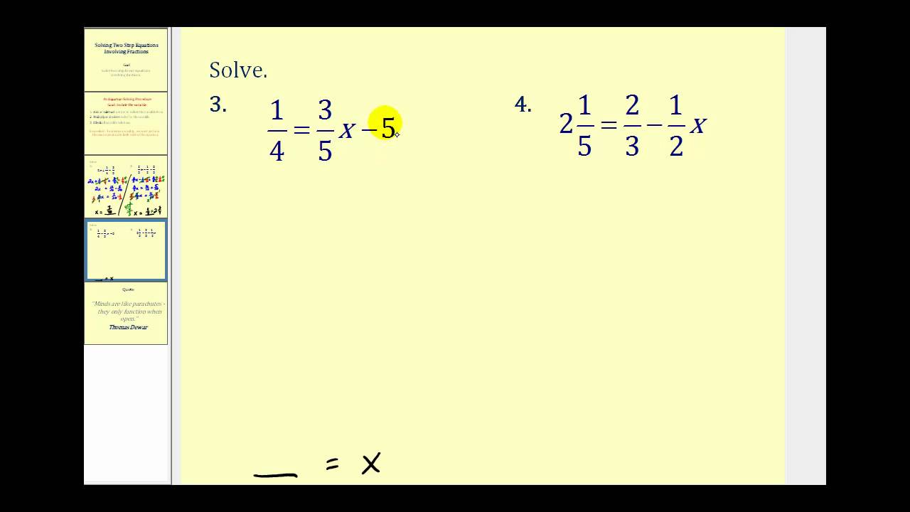 Solving Two Step Equations Involving Fractions - YouTube