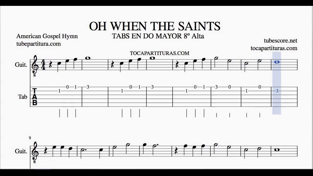 Oh When the Saints go marching in Tabs Sheet Music for Guitar in C