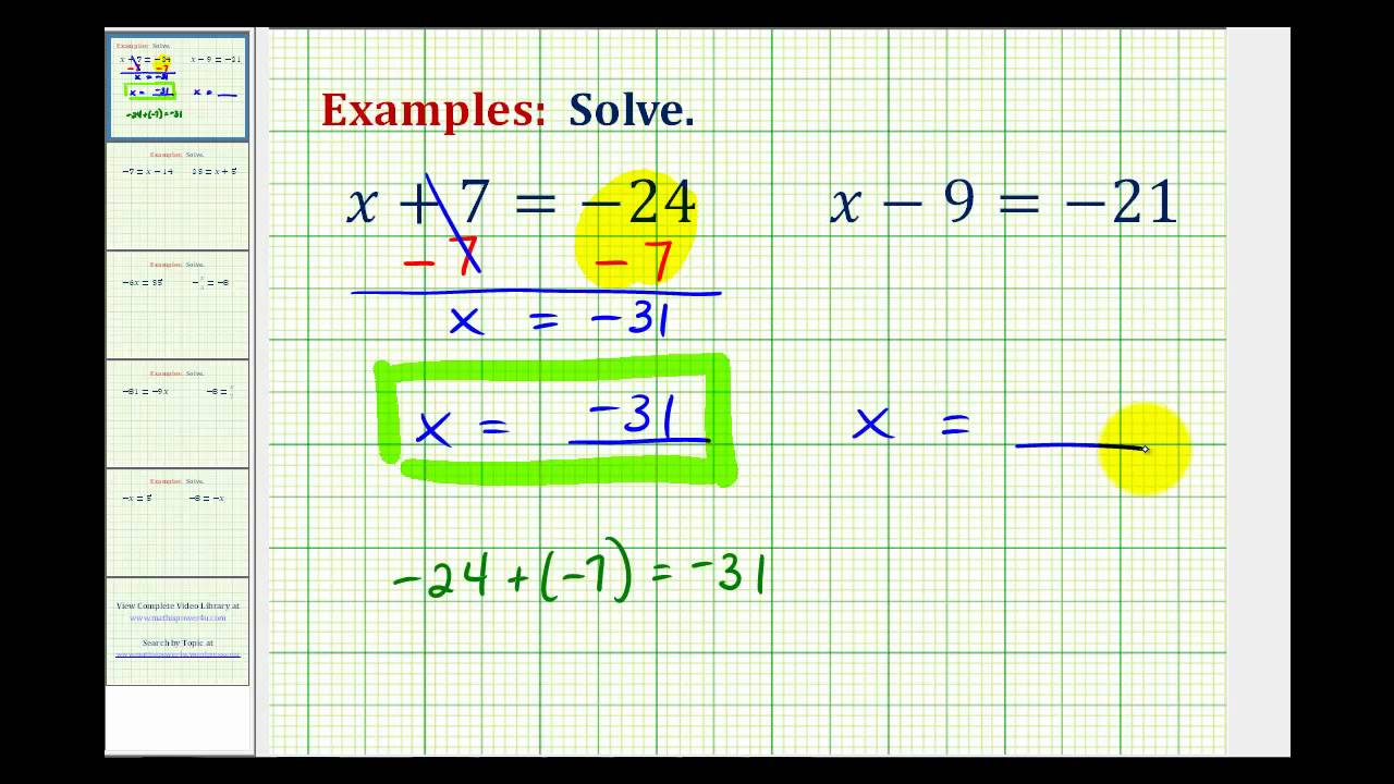 Ex: Solving One Step Equation by Add/Subtracting Integers (Var on Left