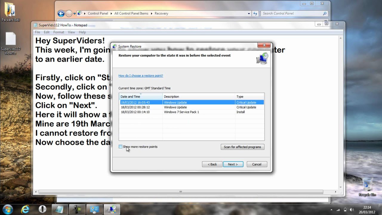 How to restore computer to previous date
