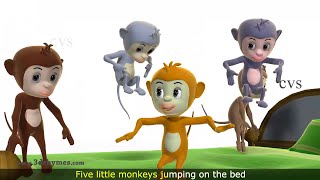 Five Little Monkeys Jumping on the Bed Nursery Rhyme - 3D Animation Rhymes for Children