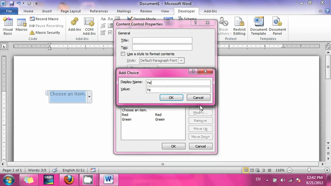 How to insert combo box into a word document - YouTube