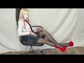 RED SUEDE HIGH HEEL SHOES, NYLON TIGHTS, MINI SKIRT, BLOUSE AND TIE, OFFICE LOOK!