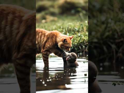 The Cat rescued monkey from drowning. cat did next shocked everyone #viral #shorts #animals #viral