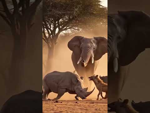 Elephant and rhino attack hyena🥰🥰