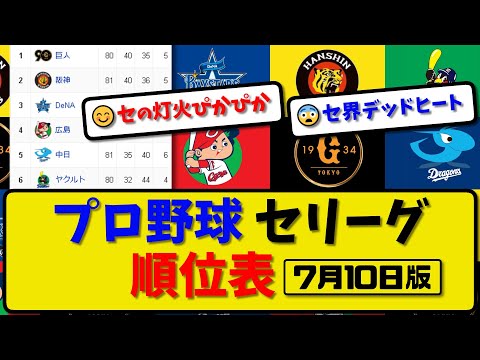 【最新】プロ野球セ・リーグ順位表 7月10日版｜横浜3-0中日｜阪神4-1ヤクルト｜【まとめ・反応集・なんJ・2ch】