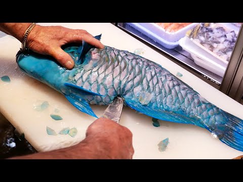 Japanese Street Food - GIANT BLUE PARROTFISH Okinawa Seafood Japan