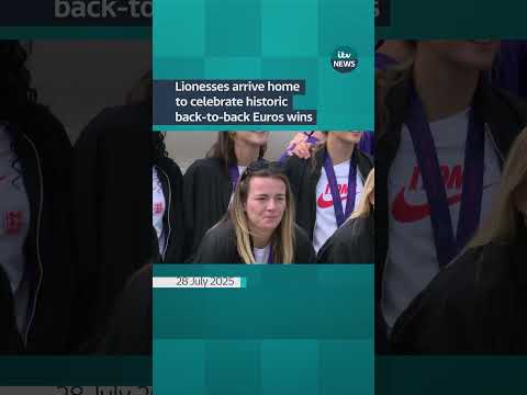Lionesses arrive home to celebrate historic back-to-back Euros wins#itvnews #news #england