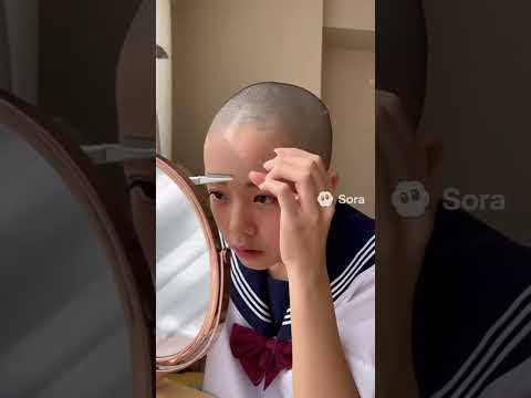 自分で眉毛を整える坊主女子中学生。生成ai。buzz cut