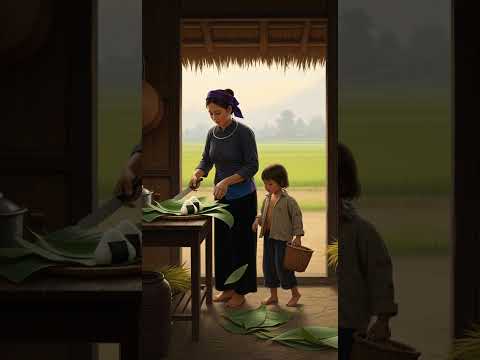 Người mẹ gói cơm nắm cho con mang ra đồng