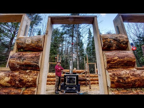 Heat in the Cabin, Building and Off Grid Log Cabin Alone in the Wilderness, Ep 8