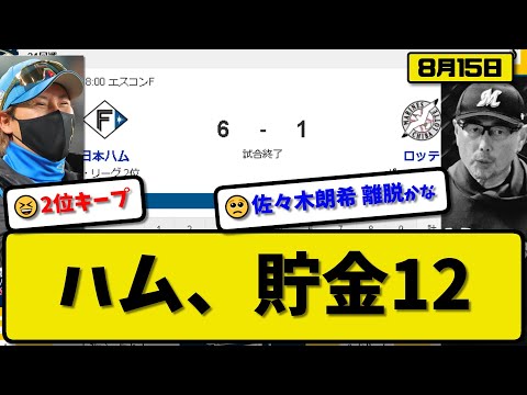 【2位vs3位】日本ハムファイターズがロッテマリーンズに6-1で勝利…8月15日2連勝で2位キープ貯金12…先発加藤8回1失点6勝目…マルティネス&レイエス&水野が活躍【最新・反応集・なんJ・2ch】