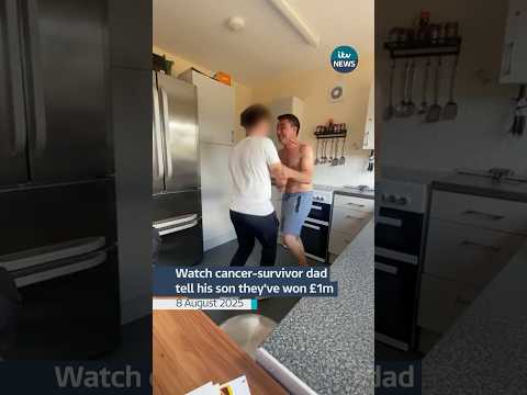 Watch cancer-survivor dad tell his son they’ve won £1m #itvnews #lottery