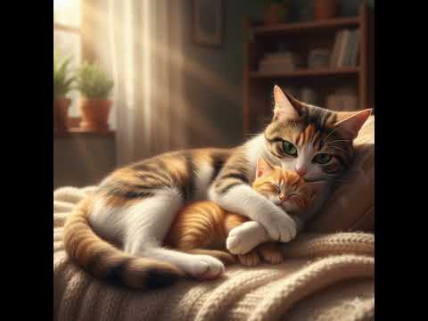 A loving mother cat is raising a kitten at the same time.