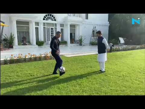Union Minister Anurag Thakur shows off his football skills with FIFA CEO Union Minister Anurag Thakur shows off his football skills with FIFA CEO