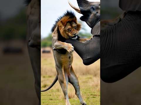 Lion Elephant fighting aggressively #shortsfeed #animals #lion #elephant