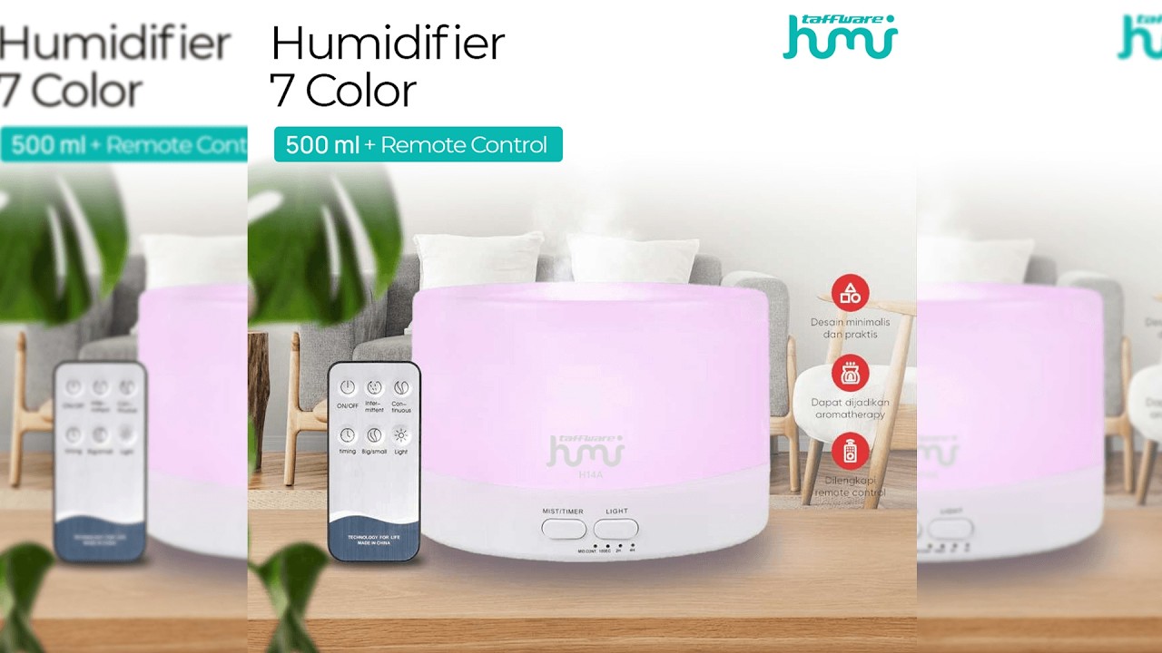 Pratinjau video produk Taffware HUMI Air Humidifier Mini Ultrasonic Diffuser RGB 500ml Remote - HUMI H14A
