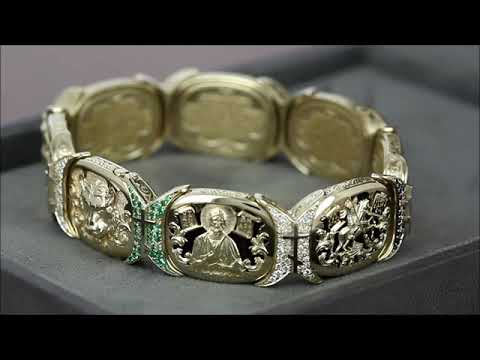 Уникальный золотой мужской браслет с православной символикой украшенный бриллиантами, сапфирами, изумрудами