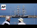 Ship that will carry Olympic flame from Greece to France moors in Piraeus