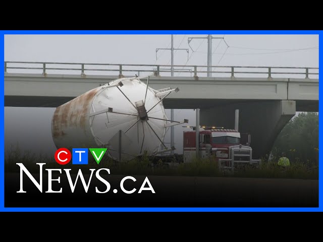 Officials assessing overpass damaged by semi