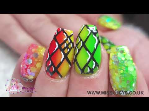 Neon Ombre Acrylic Nails with Glitter and Gel Art