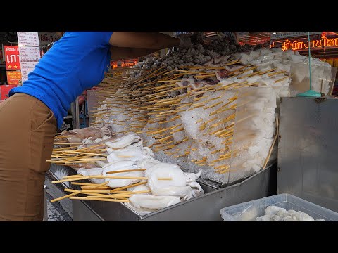 매운 소스! 산더미 해산물 꼬치구이 / popular grilled seafood skewers - thai street food