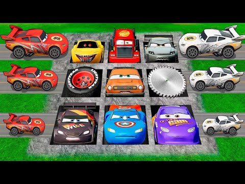 Lightning McQueen & Pixar Cars Jump into Mega Pits! Big vs Small Tow Mater Battle in BeamNG Drive