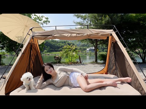 Solo Camping in lake with open A-frame tent. Carbo Buldak. Relaxing Sounds. Cosy ASMR.