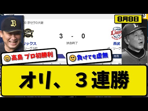 【5位vs6位】オリックスバファローズが西武ライオンズに3-0で勝利…8月8日完封勝ちで3連勝…先発高島5回3失点プロ初勝利…紅林&森が活躍【最新・反応集・なんJ・2ch】プロ野球