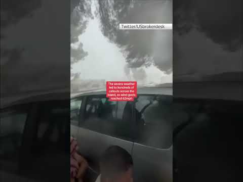 Videos have emerged of extreme wind catapulting items into buildings as powerful storms hit Mallorca