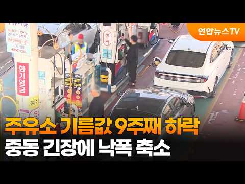 주유소 기름값 9주째 하락…중동 긴장에 낙폭 축소 / 연합뉴스TV (YonhapnewsTV)