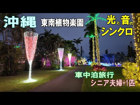 沖縄一周車中泊旅行記28【美らヤシパークオキナワ・東南植物楽園】夜のイルミネーションは沖縄の宝石箱!シニア夫婦と犬1匹が自作キャンピングシェルで行く