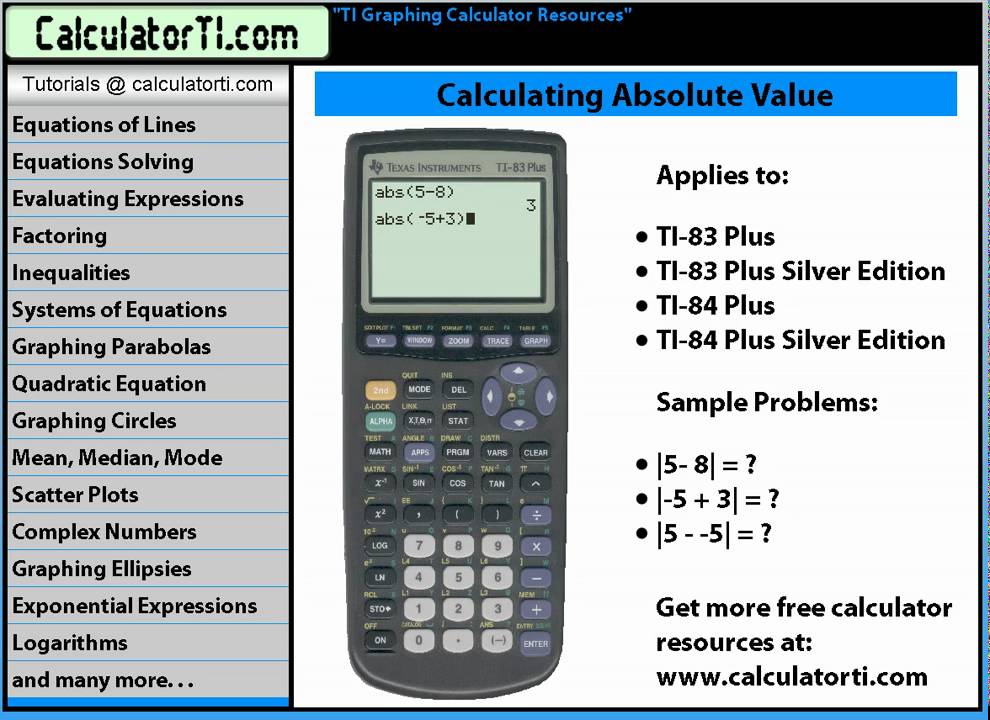 Ti Tutorials Absolute Value Ti 83 Plus And Ti 84 Plus Calculators Youtube 7789