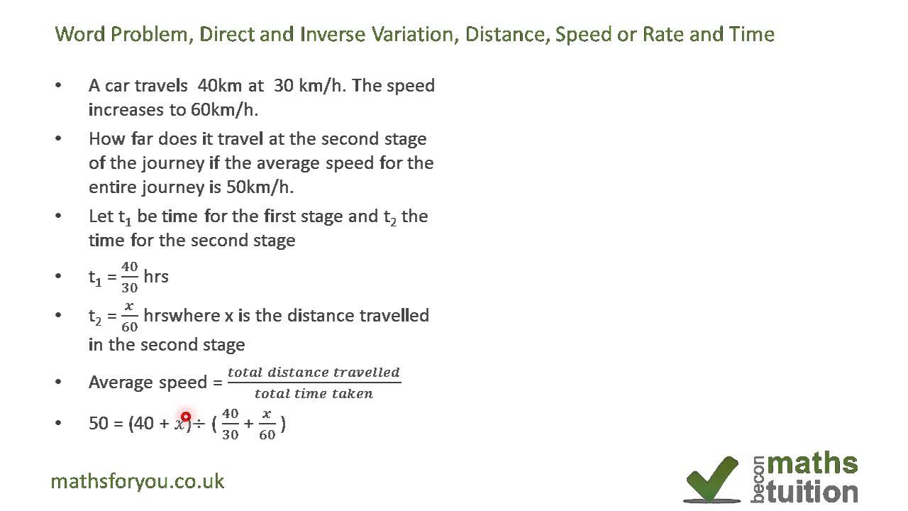 Word Problem Direct Proportion And Inverse Variation Distance Speed 