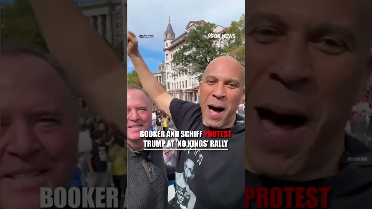BLUE IN THE FACE: Dem Sens. Cory Booker and Adam Schiff start their own chant at a 'No Kings' rally