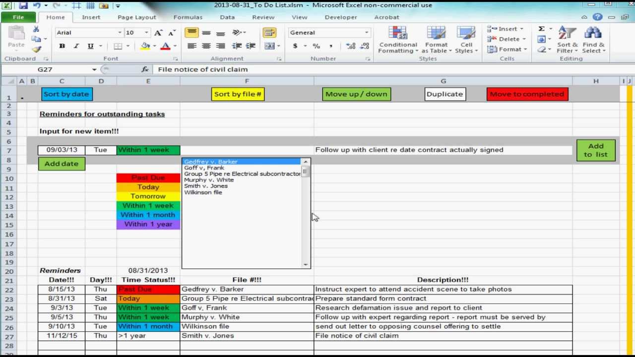 Excel Spreadsheet Providing List Of Reminders Future Tasks To Do